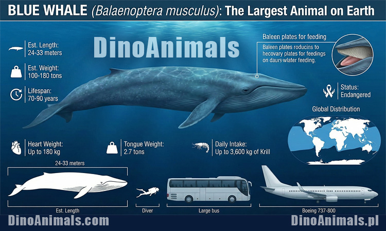 Płetwal błękitny (Balaenoptera musculus) - infografika by DinoAnimals