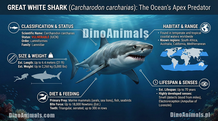 Żarłacz biały, rekin biały, rekin ludojad, żarłacz ludojad (Carcharodon carcharias) - infografika by DInoAnimals